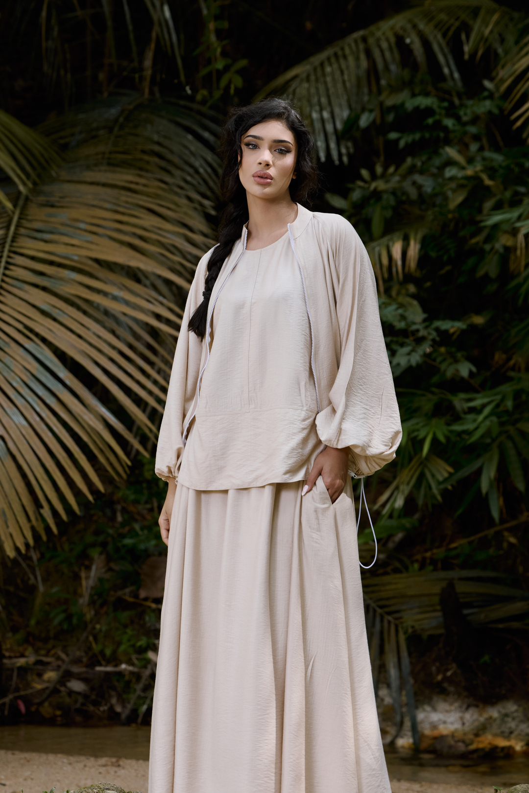 Ayana Bomber Skirt Linen Set in Cream