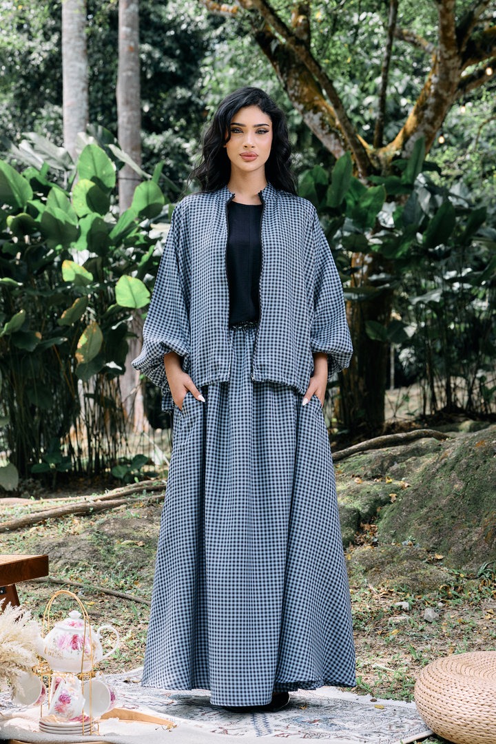 Ayana Bomber Skirt Cotton Set in Gingham Blue