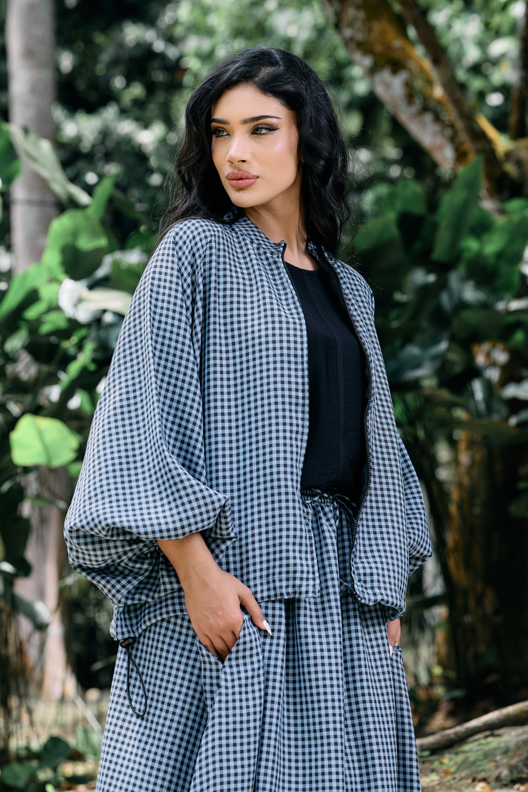Ayana Bomber Skirt Cotton Set in Gingham Blue