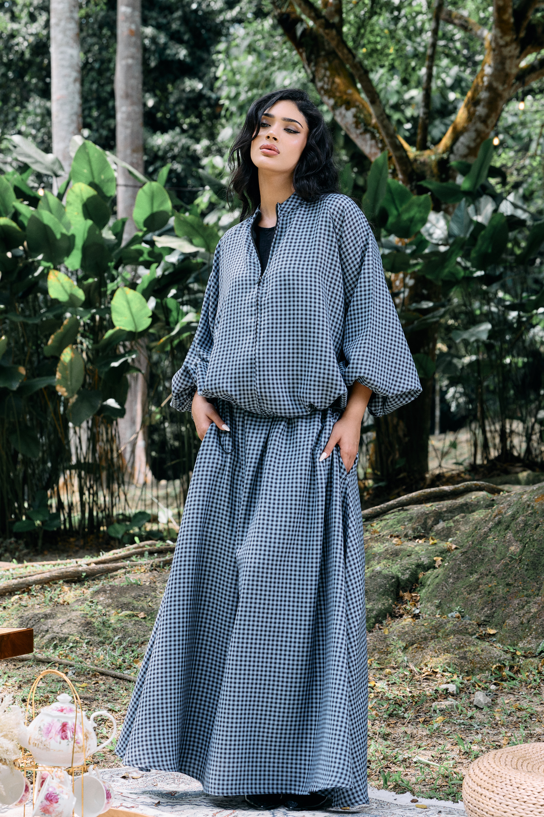 Ayana Bomber Skirt Cotton Set in Gingham Blue