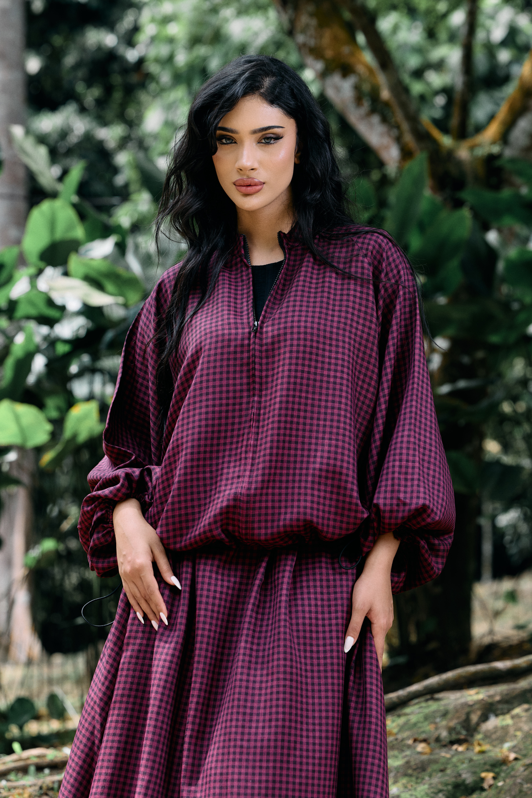 Ayana Bomber Skirt Cotton Set in Gingham Maroon