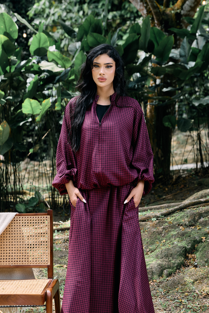 Ayana Bomber Skirt Cotton Set in Gingham Maroon