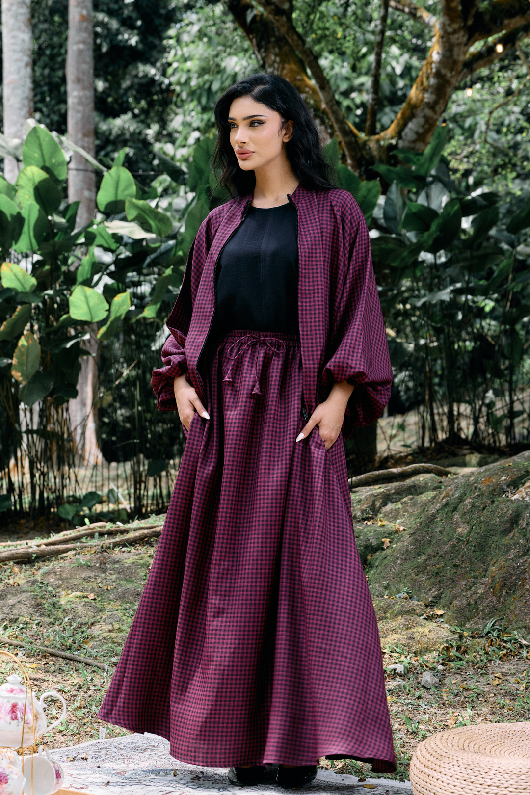 Ayana Bomber Skirt Cotton Set in Gingham Maroon