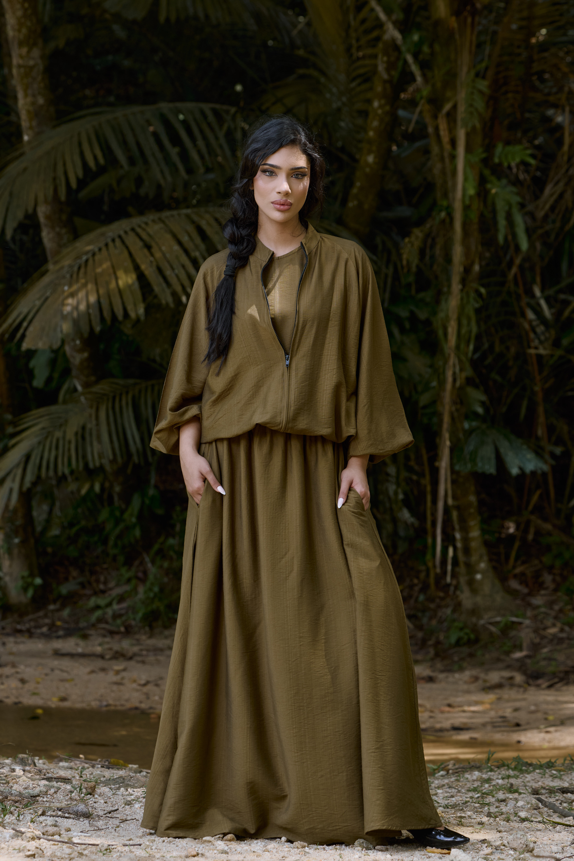 Ayana Bomber Skirt  Linen Set in Olive