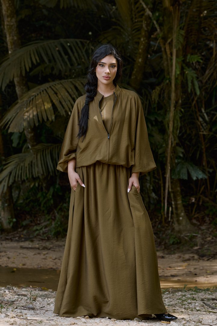 Ayana Bomber Skirt  Linen Set in Olive