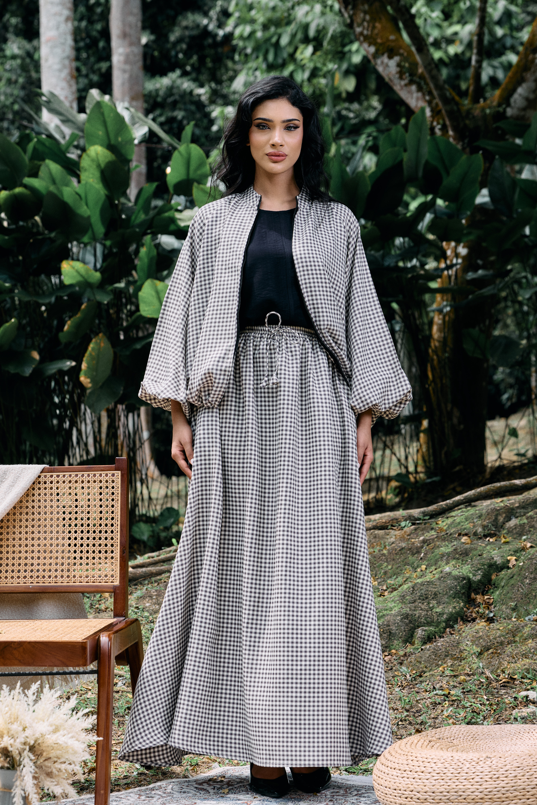 Ayana Bomber Skirt Cotton Set in Gingham Beige
