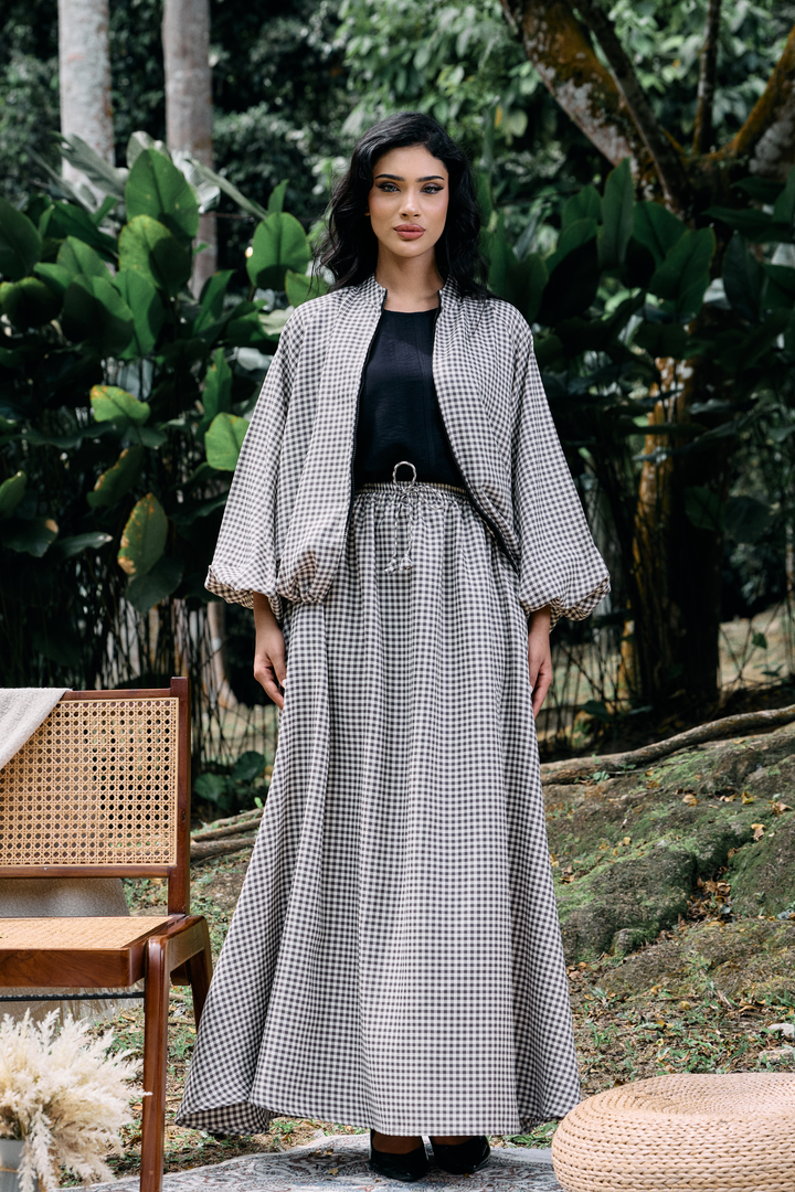 Ayana Bomber Skirt Cotton Set in Gingham Beige