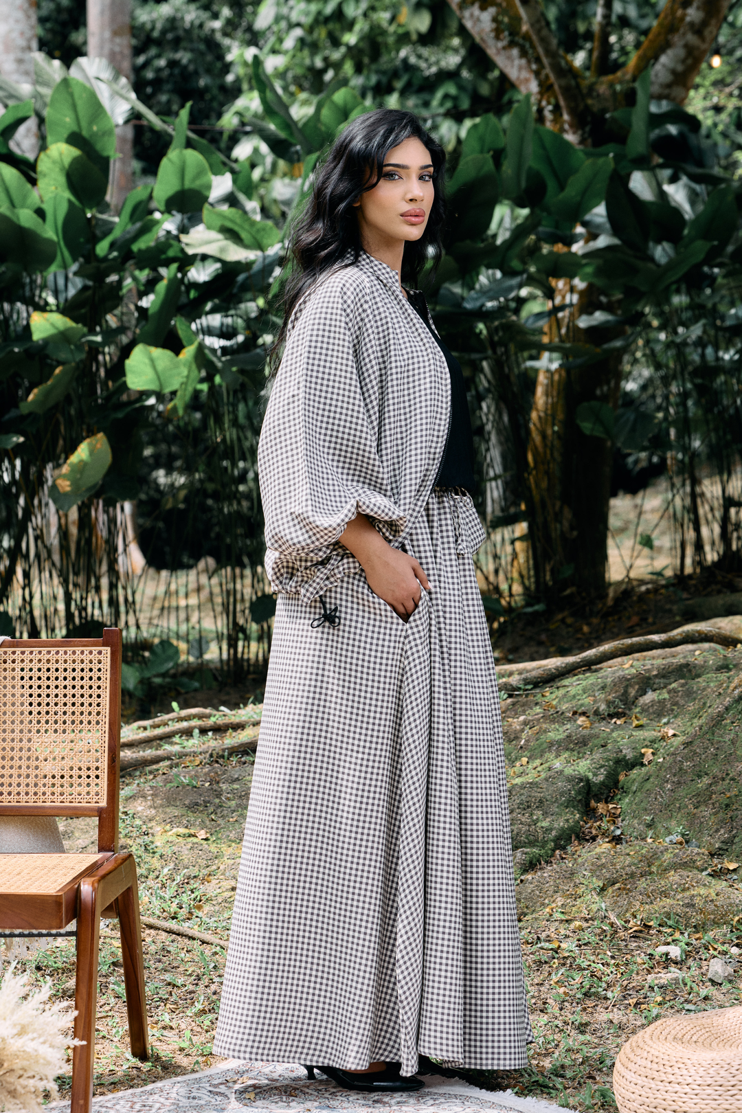Ayana Bomber Skirt Cotton Set in Gingham Beige