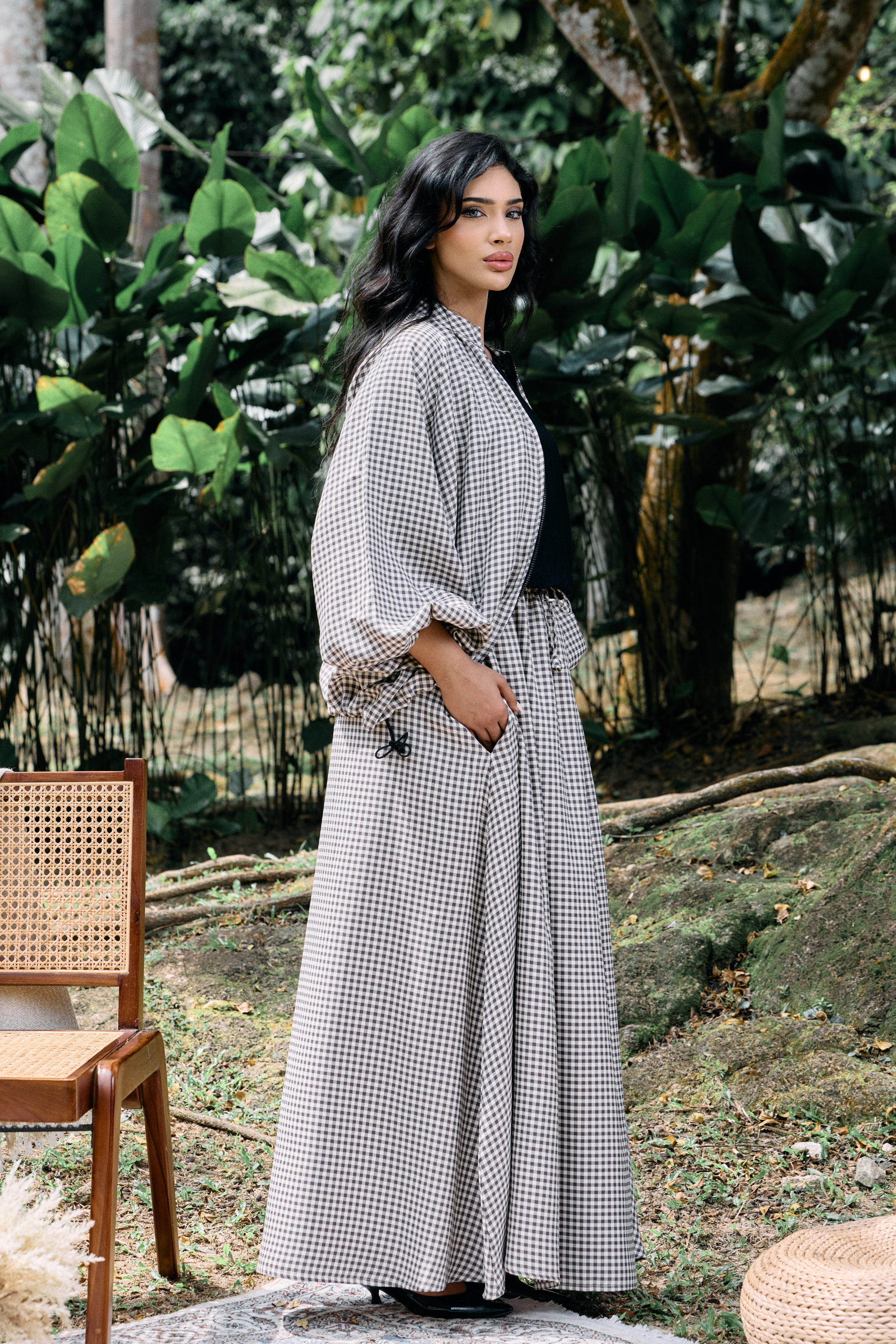 Ayana Bomber Skirt Cotton Set in Gingham Beige