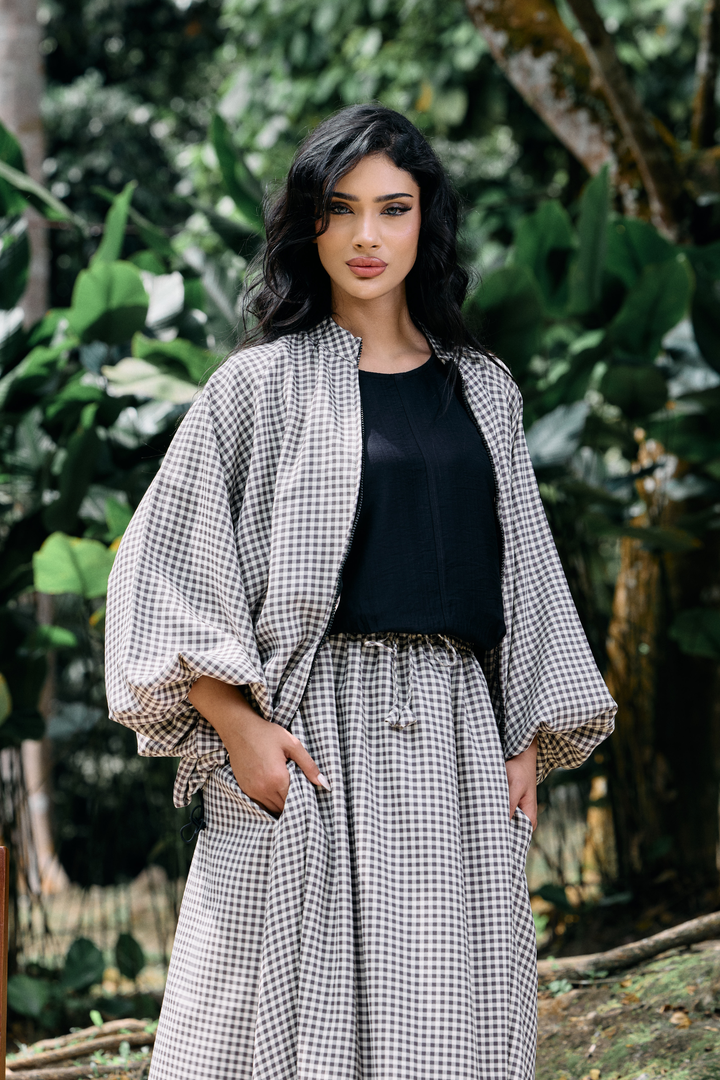 Ayana Bomber Skirt Cotton Set in Gingham Beige
