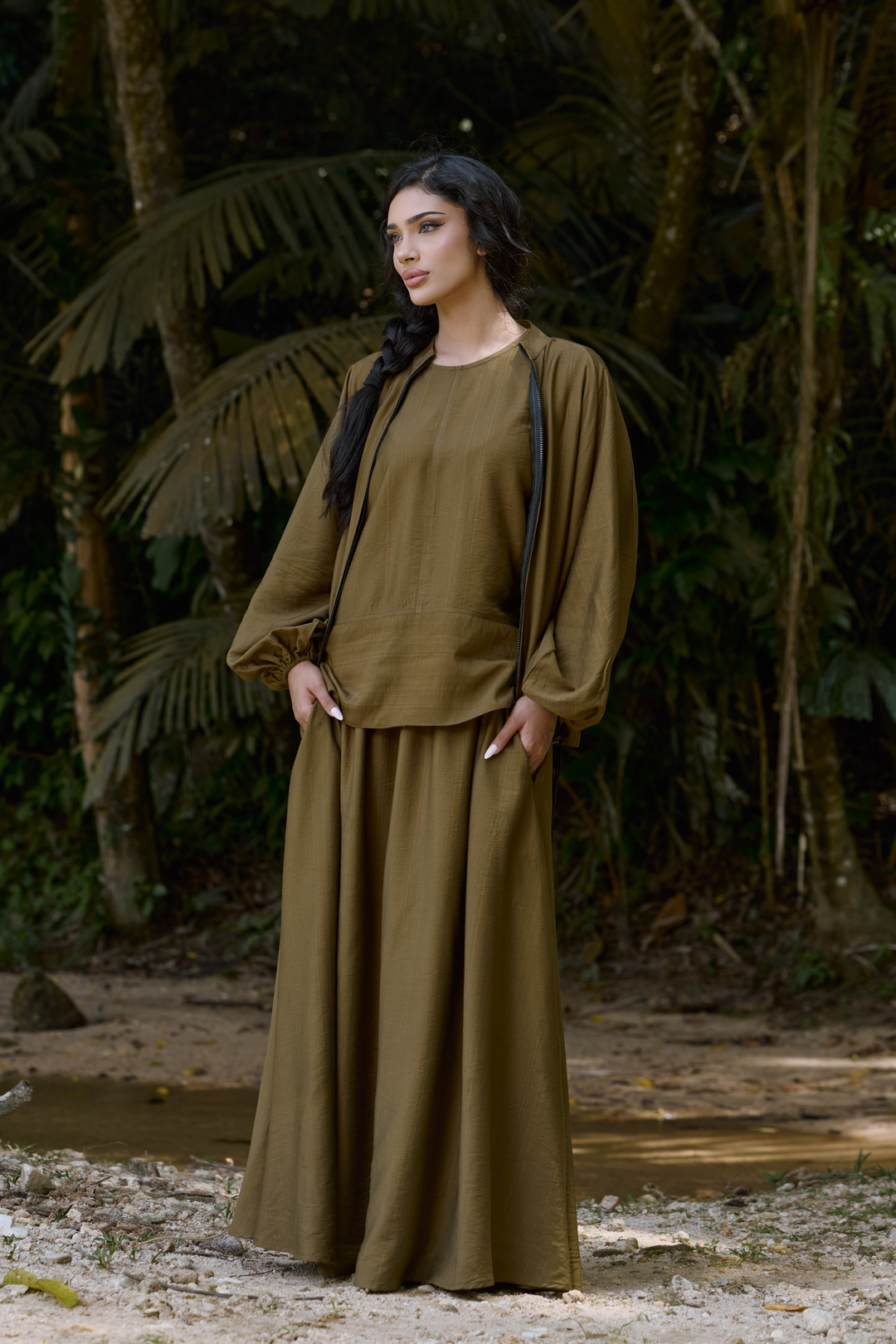 Ayana Bomber Skirt  Linen Set in Olive