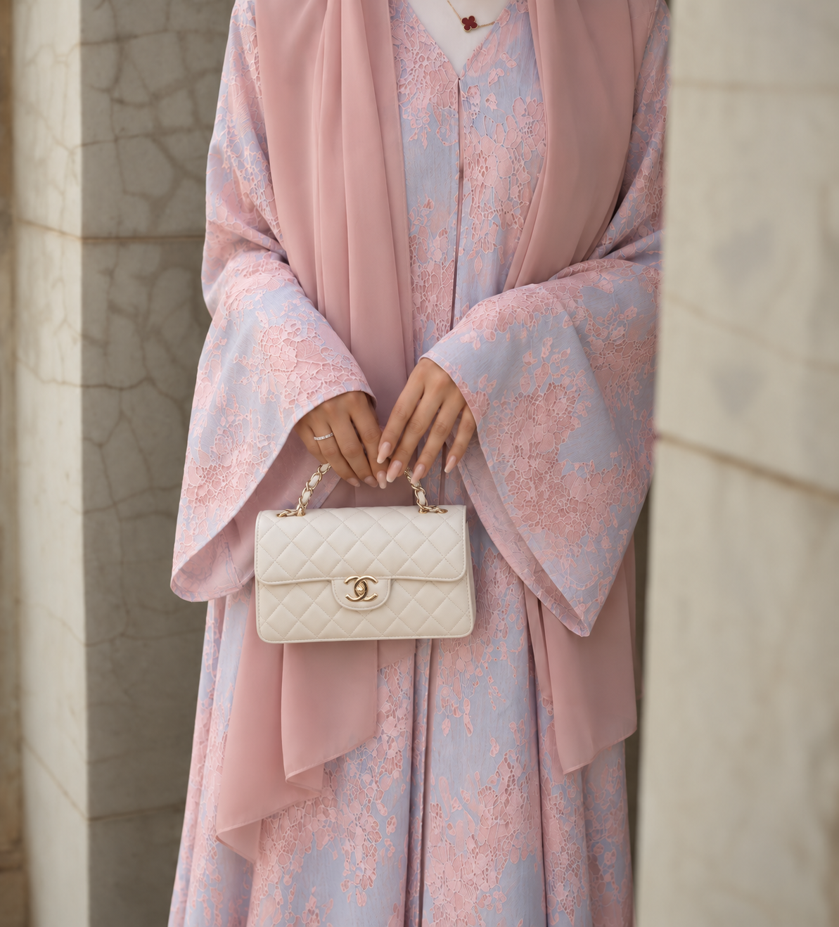 Ellysa Linen Lace Outer Abaya in Cotton Candy
