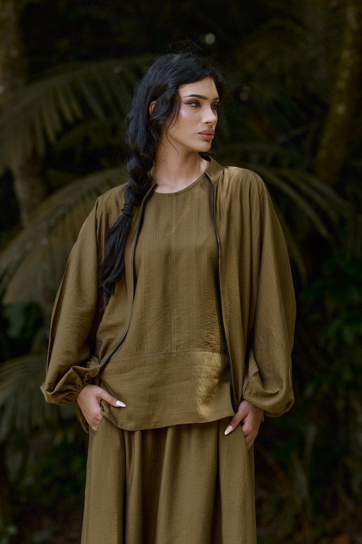 Ayana Bomber Skirt  Linen Set in Olive
