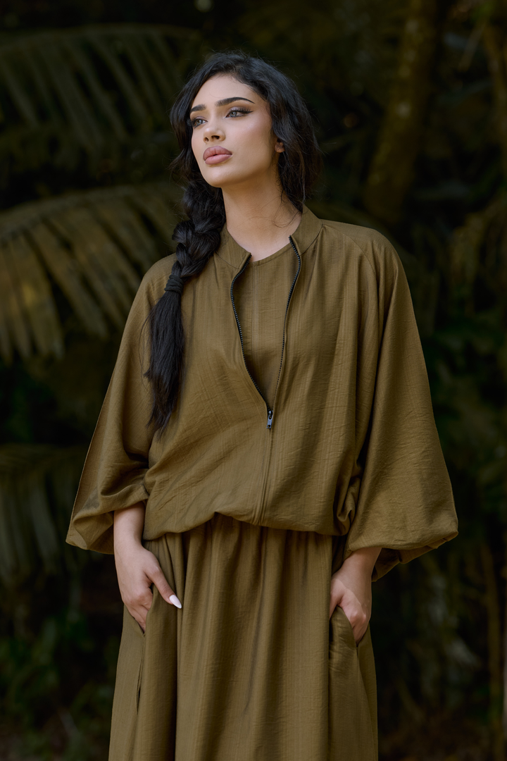 Ayana Bomber Skirt  Linen Set in Olive