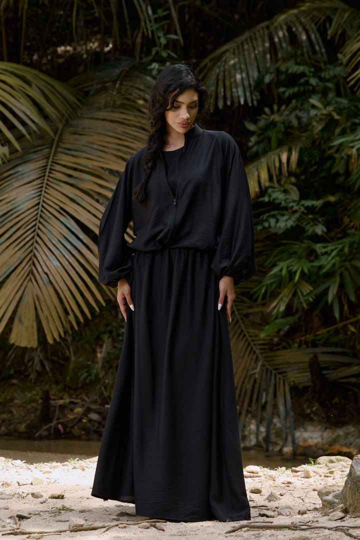 Ayana Bomber Skirt Linen Set in Black
