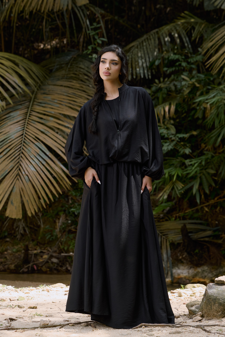 Ayana Bomber Skirt Linen Set in Black