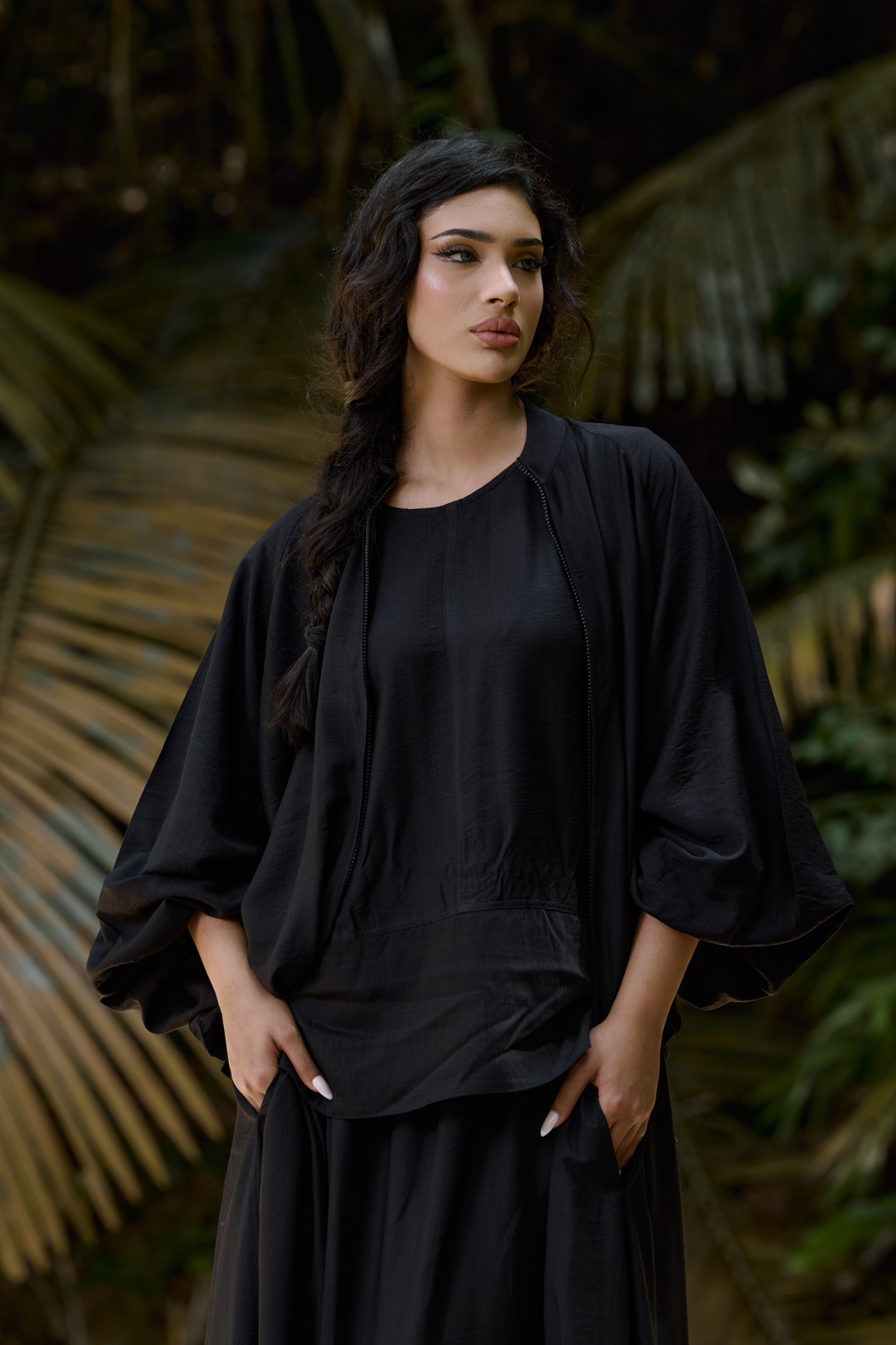 Ayana Bomber Skirt Linen Set in Black