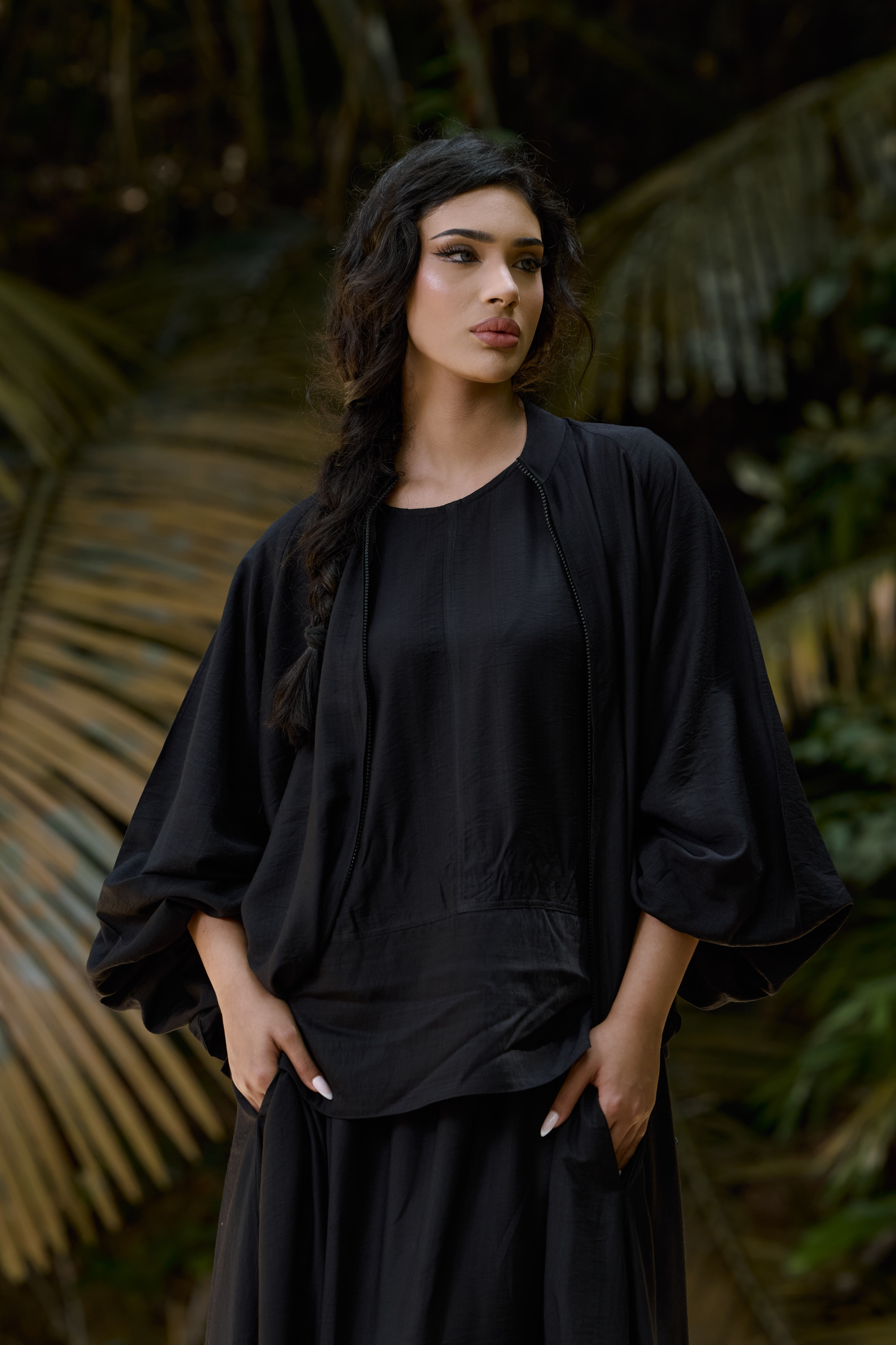 Ayana Bomber Skirt Linen Set in Black