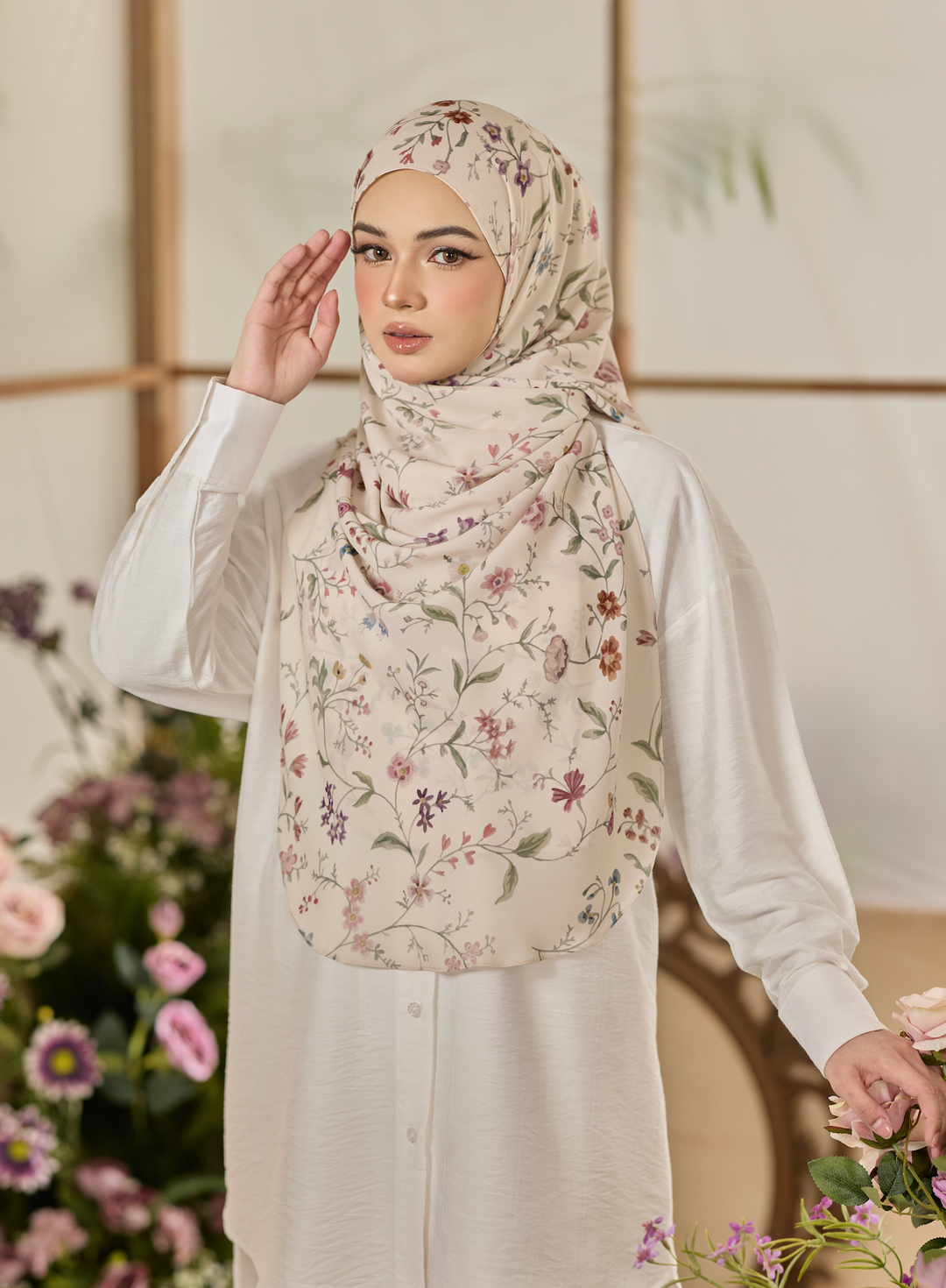 Printed Leya Curved Tie Back Korean Chiffon Shawl