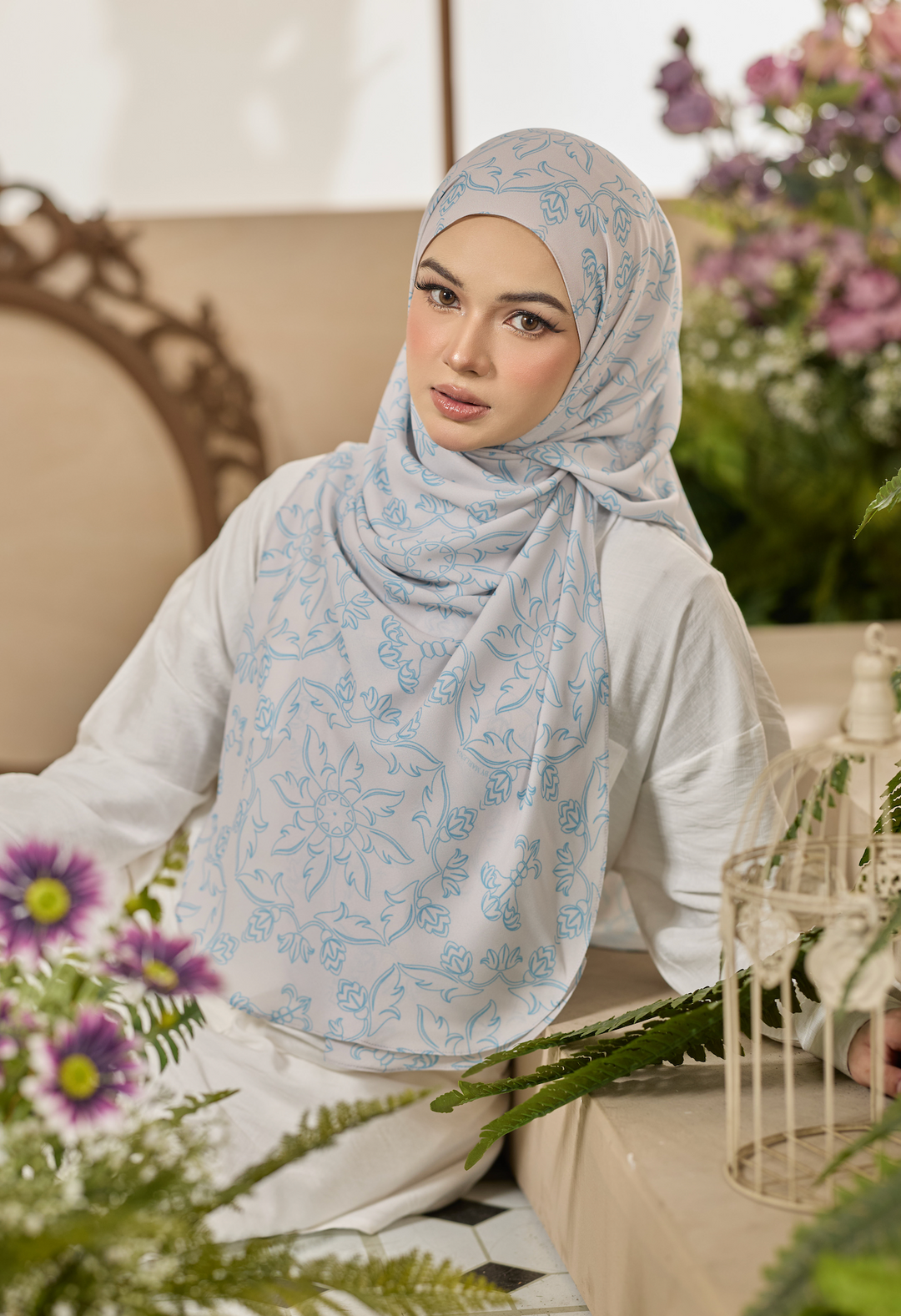 Printed Leya Curved Tie Back Korean Chiffon Shawl