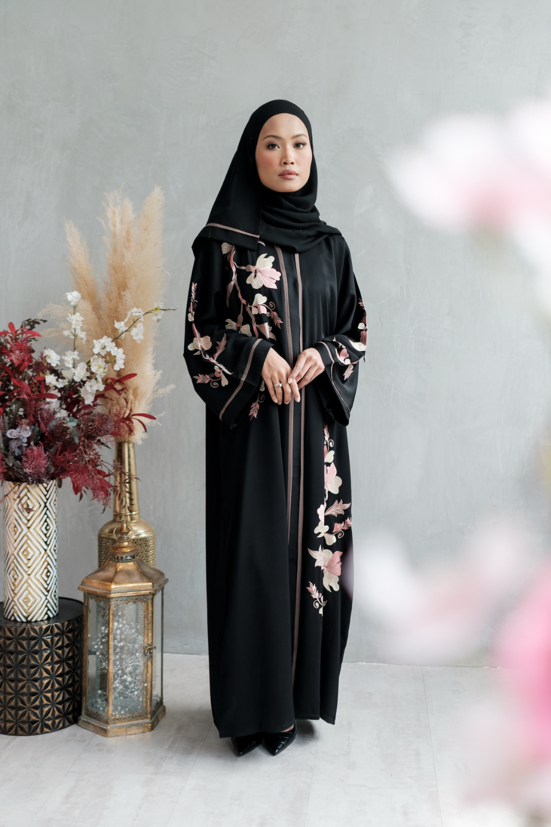 Classic closed nursing-friendly nidha abaya in black with flower embroidery